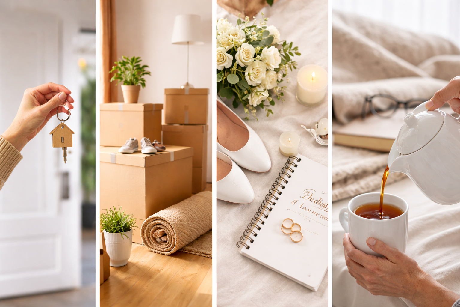 Collage of symbolic life transitions including house keys, moving boxes, wedding items, and tea.